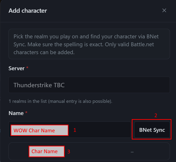 Charakter per BNet Sync finden